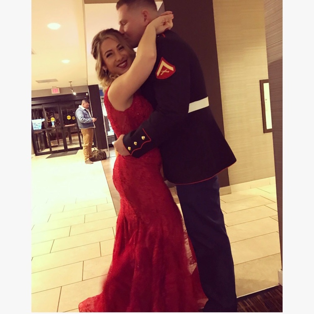Mori Lee Red Lace Fit & Flare Dress - Picture 6 of 8